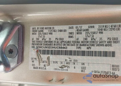 2017 Ford Escape Se from USA, damaged, VIN 1FMCU9GD3HUC68443